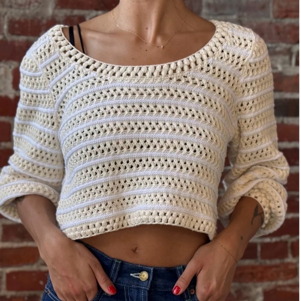 Apiece Apart Crochet Cotton Sweater Open Knit Crop Cream XS Boho Resort Top